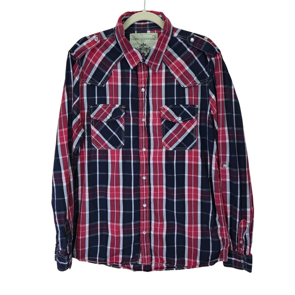 Supply Company USA Mens Pearl Snap Western Shirt‎ Size Large Plaid Rodeo Cowboy